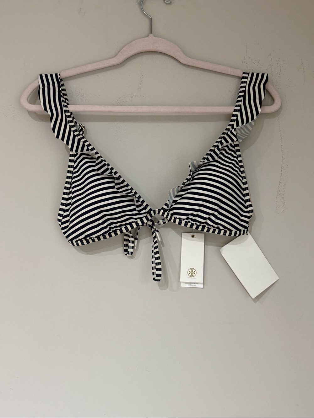 Tory Burch Navy Classic Stripe Ruffle Tie Front Bikini Top Size L NWT Nautical